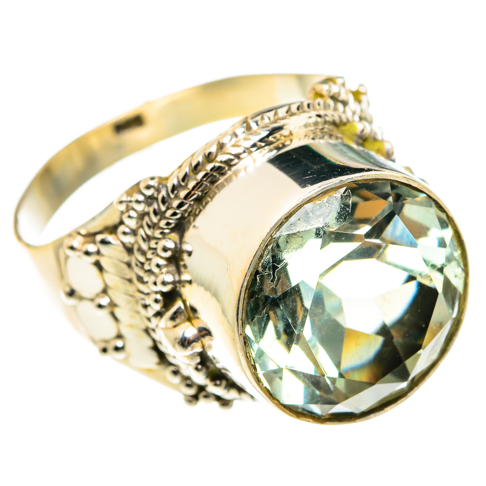 Large faceted green amethyst ring in silver with round cut gemstone and detailed band
