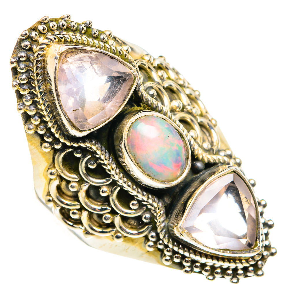 Ornate sterling silver opal and rose quartz ring with scalloped bezel setting