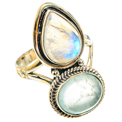 Sterling silver double-stone ring with oval rainbow moonstone and pale aquamarine cabochon