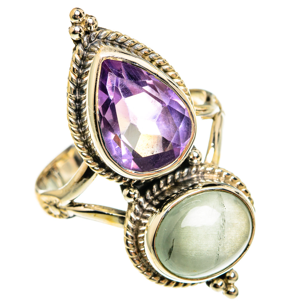 Faceted purple teardrop stone ring with oval pale green side stone, braided metal setting