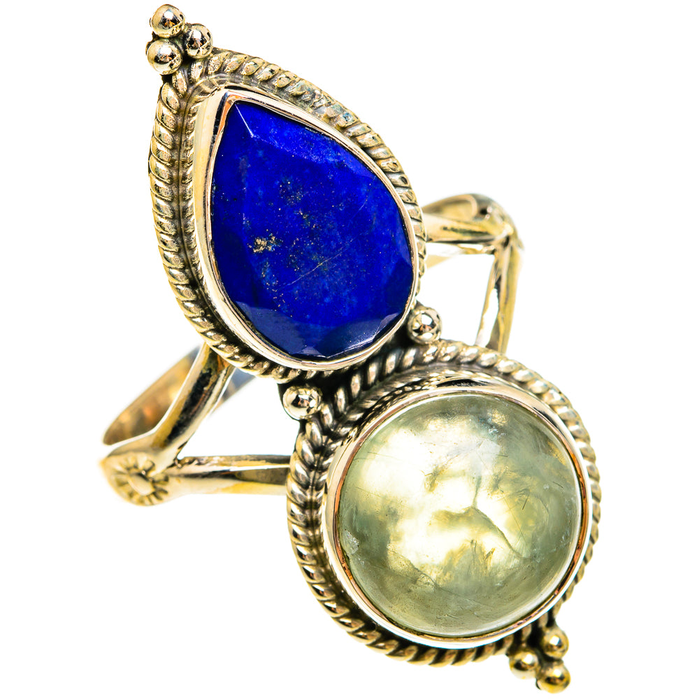 Sterling silver double-stone ring with blue lapis and green prehnite cabochons, side view
