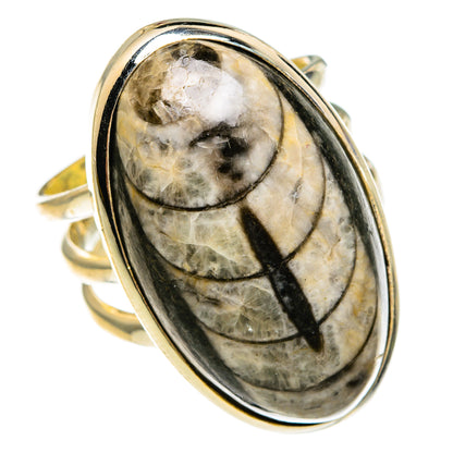 Oval orthoceras fossil ring in polished sterling silver with beige-gray stone and dark veins