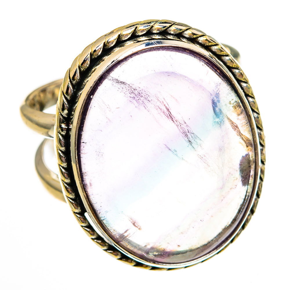 Fluorite oval ring with gold-tone braided bezel and faceted iridescent stone, size 8
