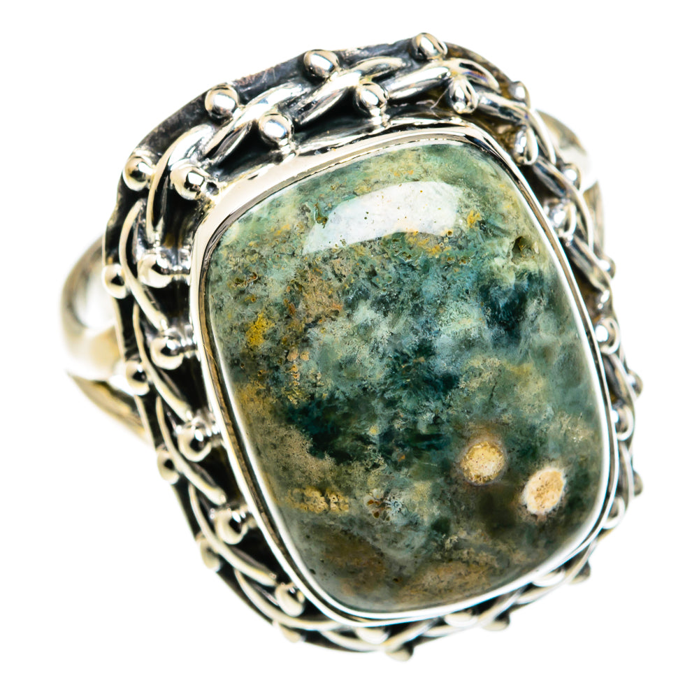 Sterling silver ring with oval ocean jasper stone, ornate rope bezel setting