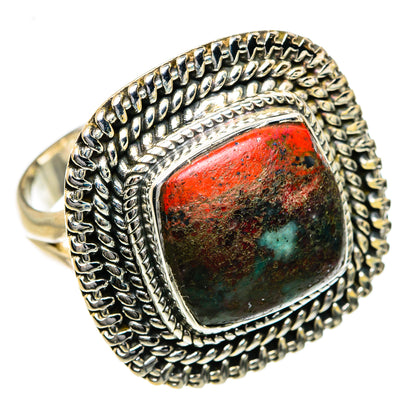Sterling silver ring with textured setting and Sonora jasper cabochon, red with teal.