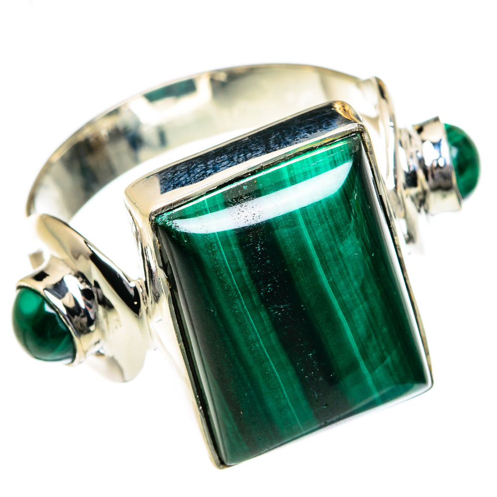 Sterling silver ring with square green malachite stone and polished openwork band