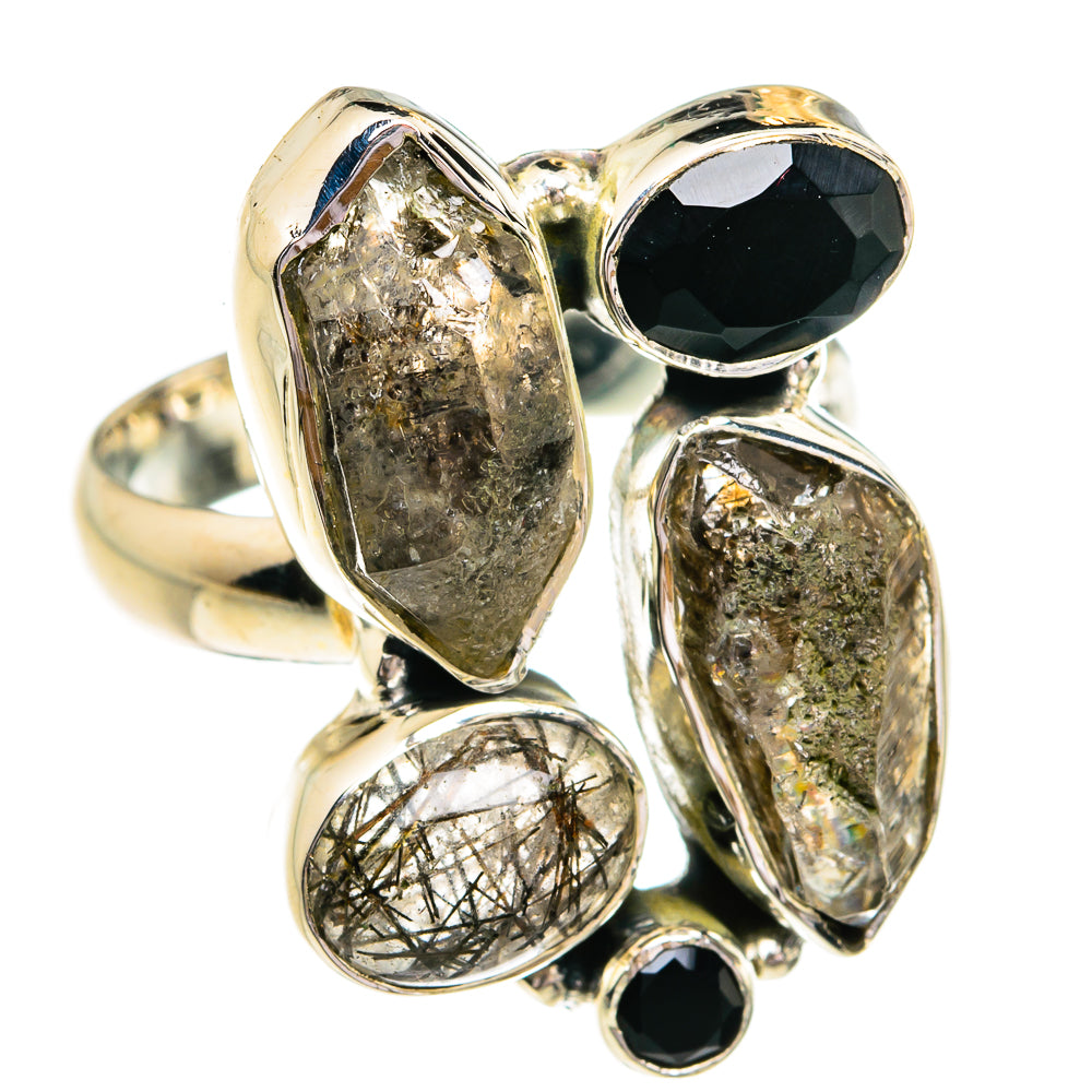 Sterling silver ring with dark oval and round onyx stones and three clear druzy quartz pieces