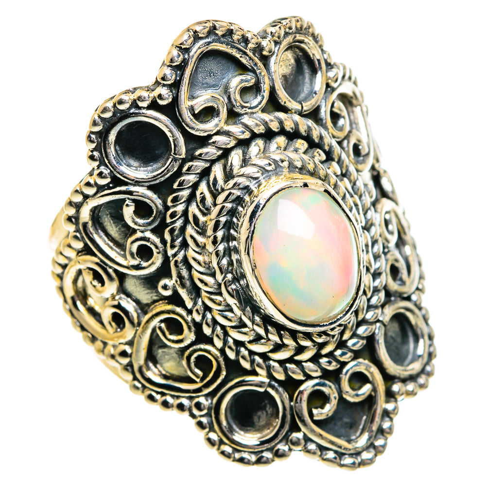 Oval opal cabochon ring, ornate silver filigree with dark stones, size 6.5