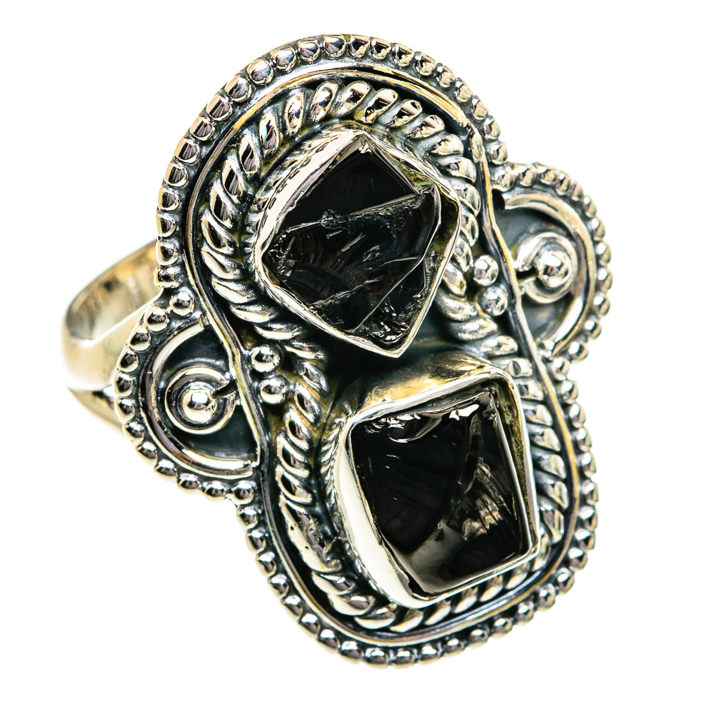 Ornate sterling silver shungite ring featuring two dark square facets and scrolling details