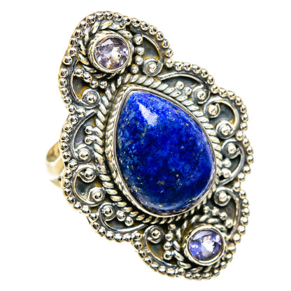 Sterling silver lapis lazuli ring with oval blue center and two small round stones