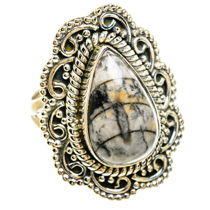 925 sterling silver teardrop fossil-stone ring with ornate filigree border and textured band