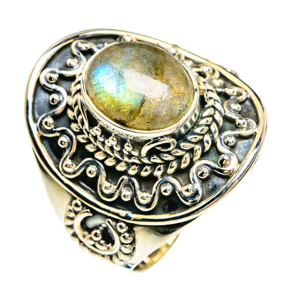 Sterling silver labradorite cabochon ring, ornate engraved band, size 9