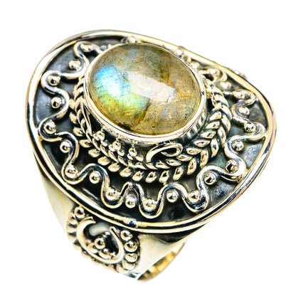 Sterling silver labradorite cabochon ring, ornate engraved band, size 9
