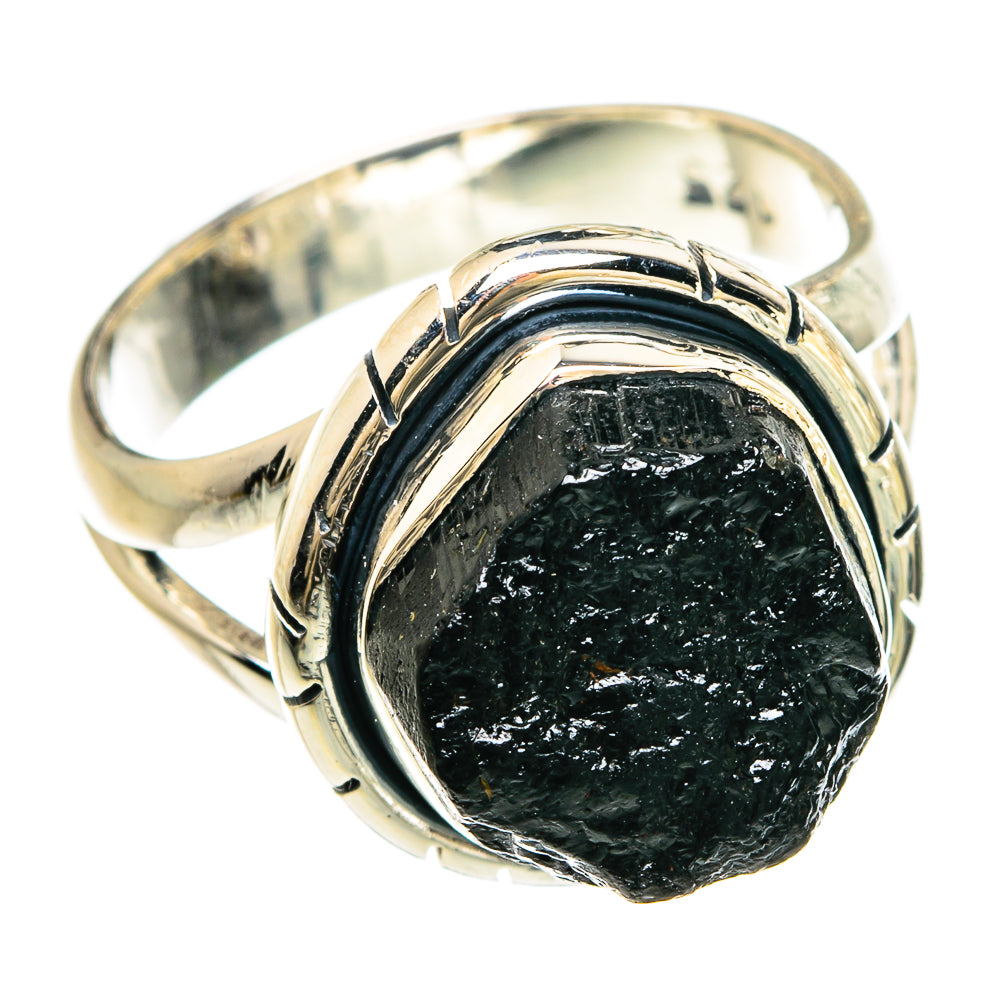 Sterling silver ring with rough black tourmaline cabochon and bezel, prong accents