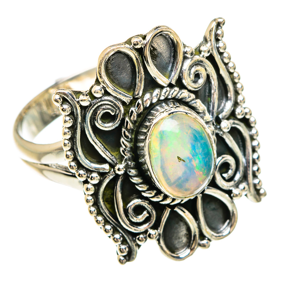 Sterling silver opal ring with oval rainbow Ethiopian opal and dark accent stones
