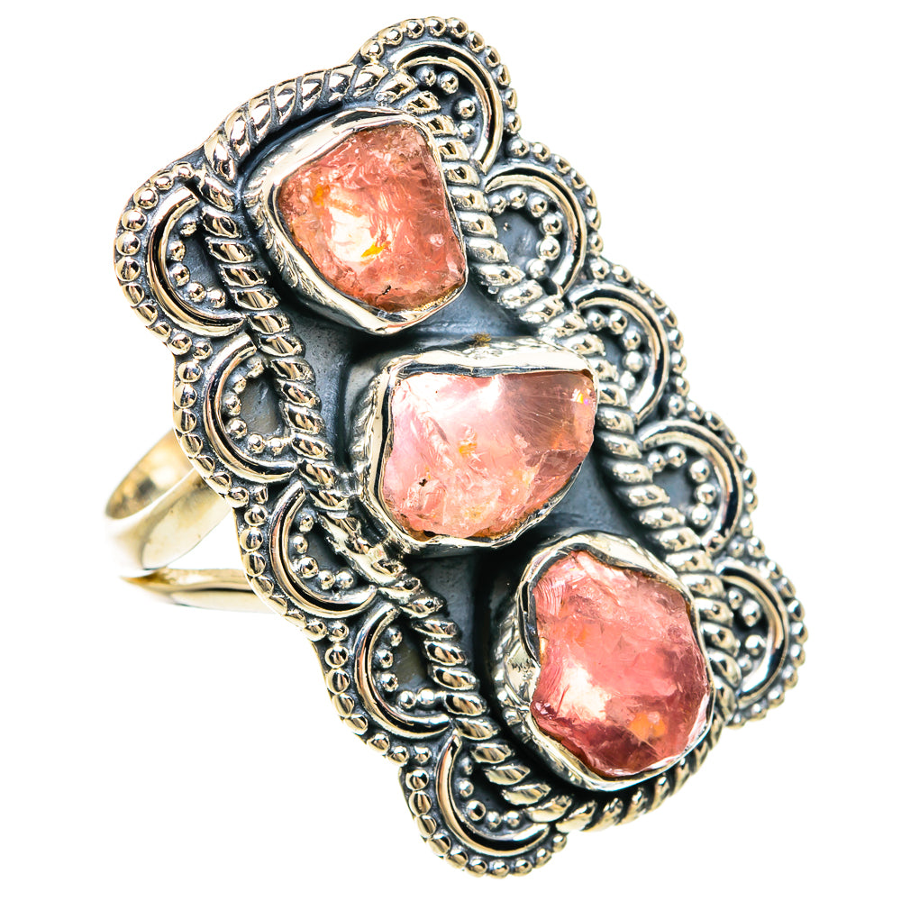 Three-stone rough pink tourmaline ring with ornate 925 silver setting and band