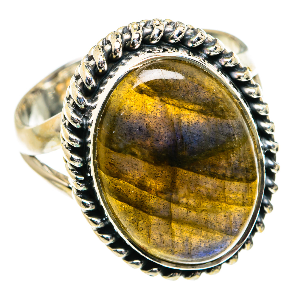 Sterling silver labradorite ring with gold oval gemstone and scalloped bezel