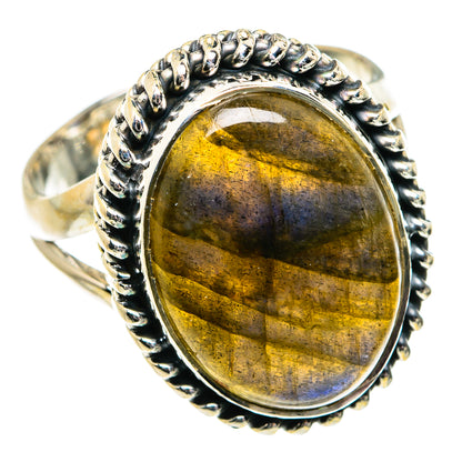 Sterling silver labradorite ring with gold oval gemstone and scalloped bezel