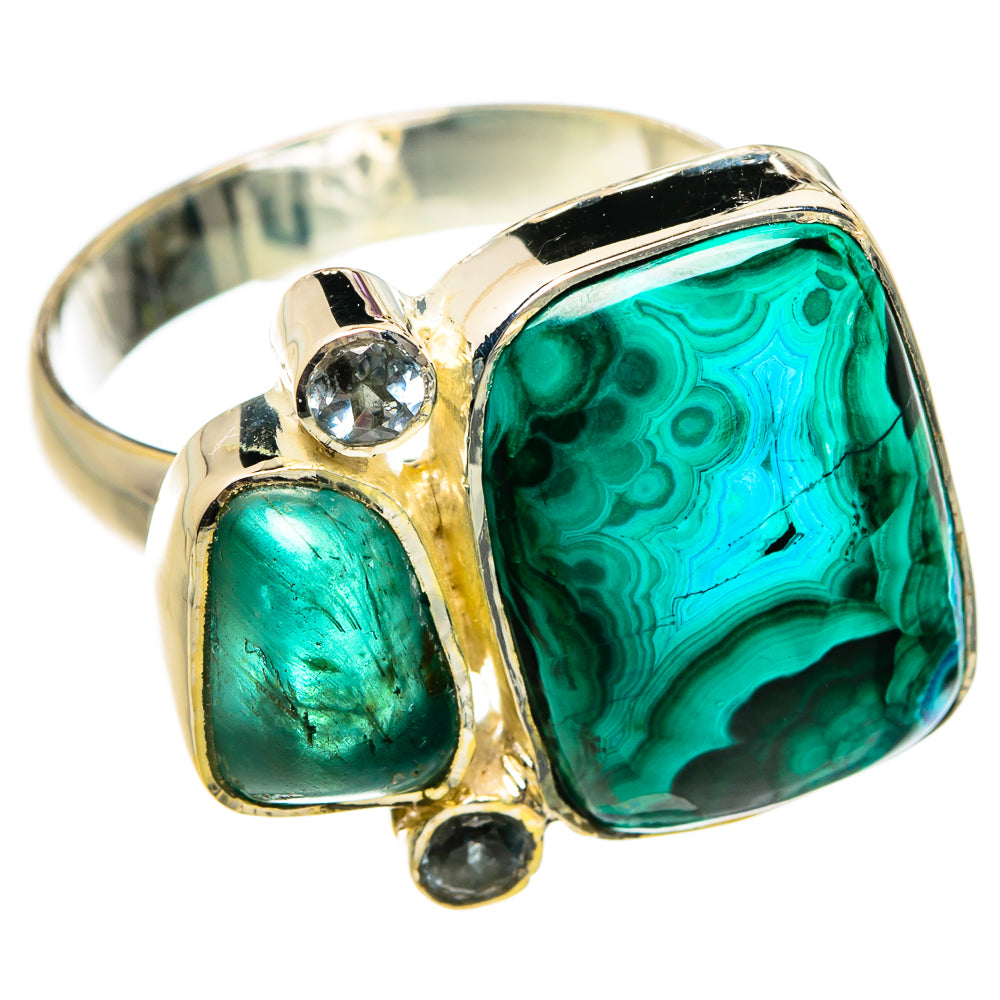 Sterling silver ring with turquoise malachite-style stone and clear round accents