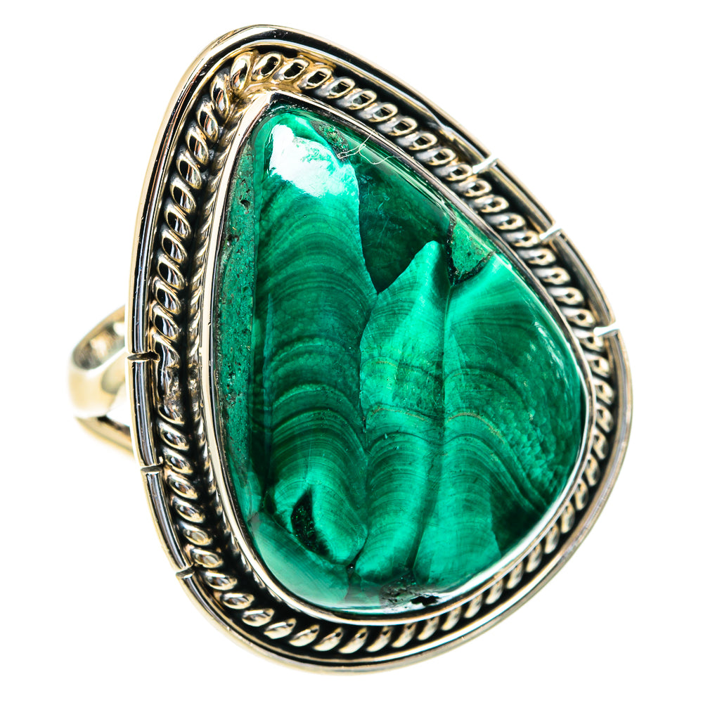 Oval malachite stone ring, green marbled cabochon with detailed silver rope border