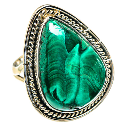 Oval malachite stone ring, green marbled cabochon with detailed silver rope border