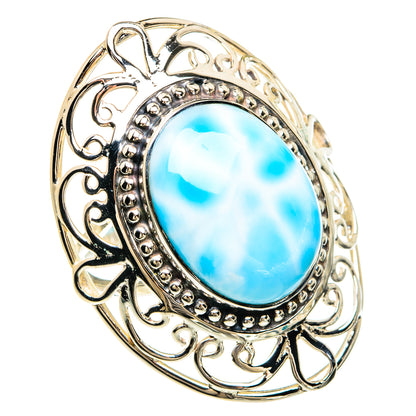 Sterling silver larimar ring with oval blue gemstone and ornate filigree bezel