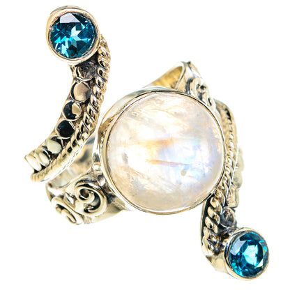 Silver statement ring with round moonstone and blue gemstone accents