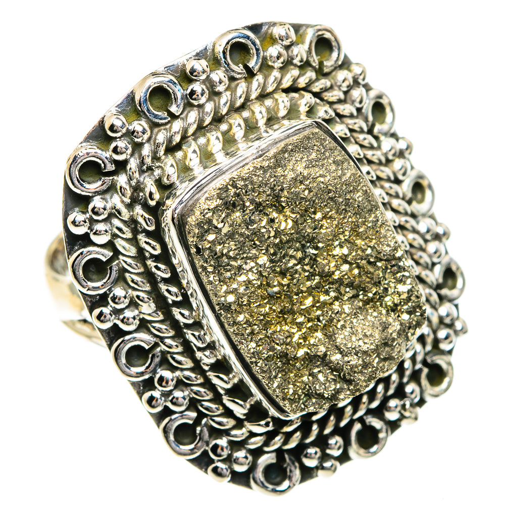Sterling silver drusy ring, textured bezel around gold glitter stone