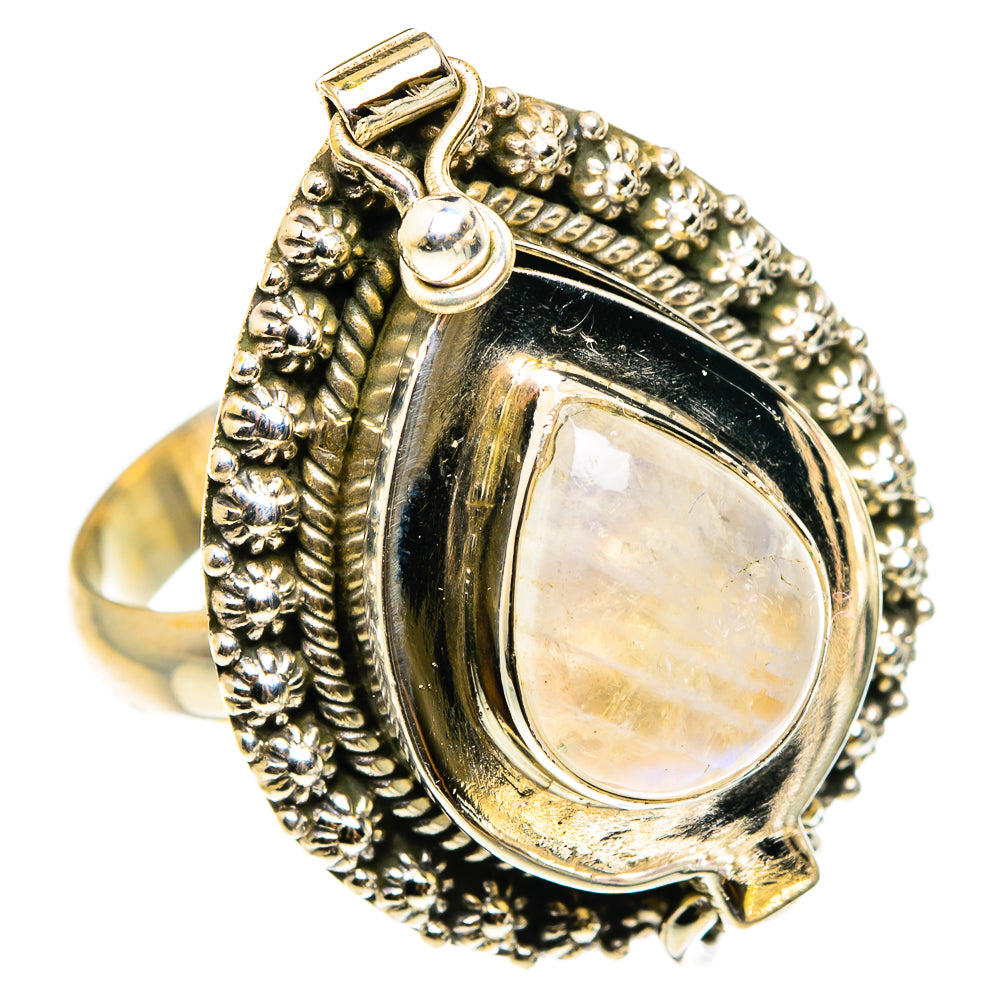 Sterling silver ring angled view with oval moonstone and textured beadwork frame