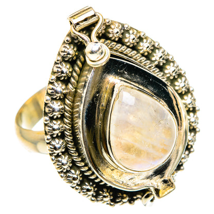 Sterling silver ring angled view with oval moonstone and textured beadwork frame