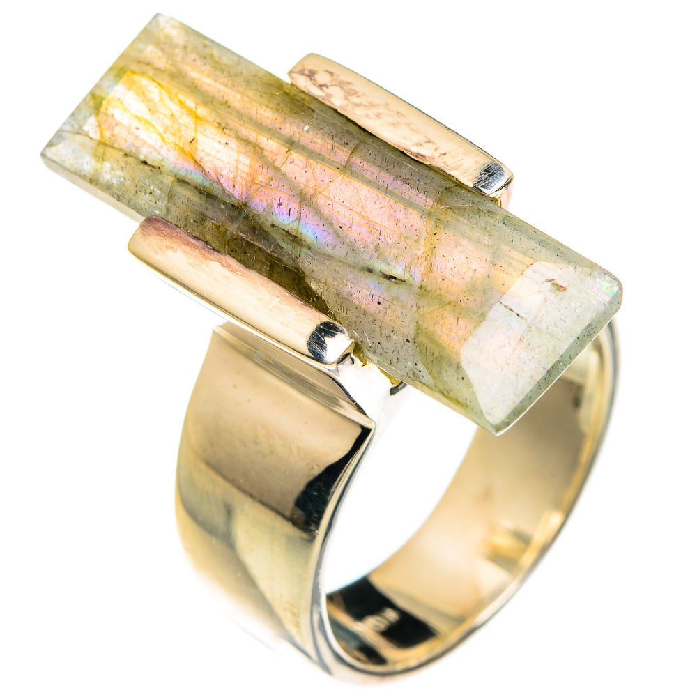 Sterling silver ring with rectangular labradorite stone, iridescent green-pink flashes