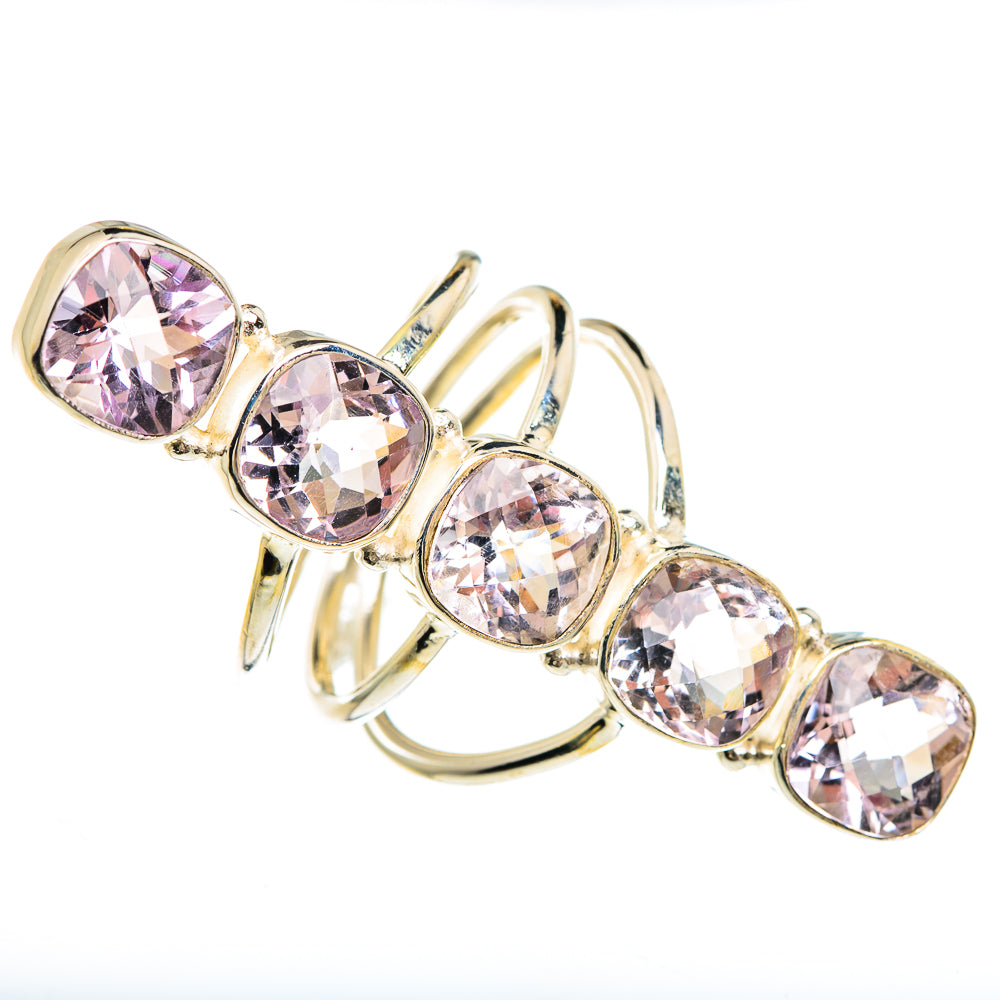 Sterling silver faceted gemstone ring, round pink stones on prong-set band