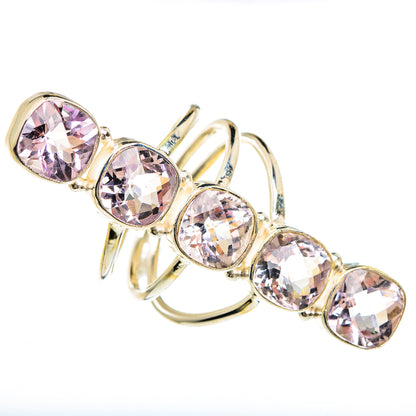 Sterling silver faceted gemstone ring, round pink stones on prong-set band