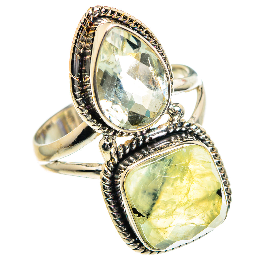 Silver ring with oval green gemstones in ornate rope settings, size 8.5
