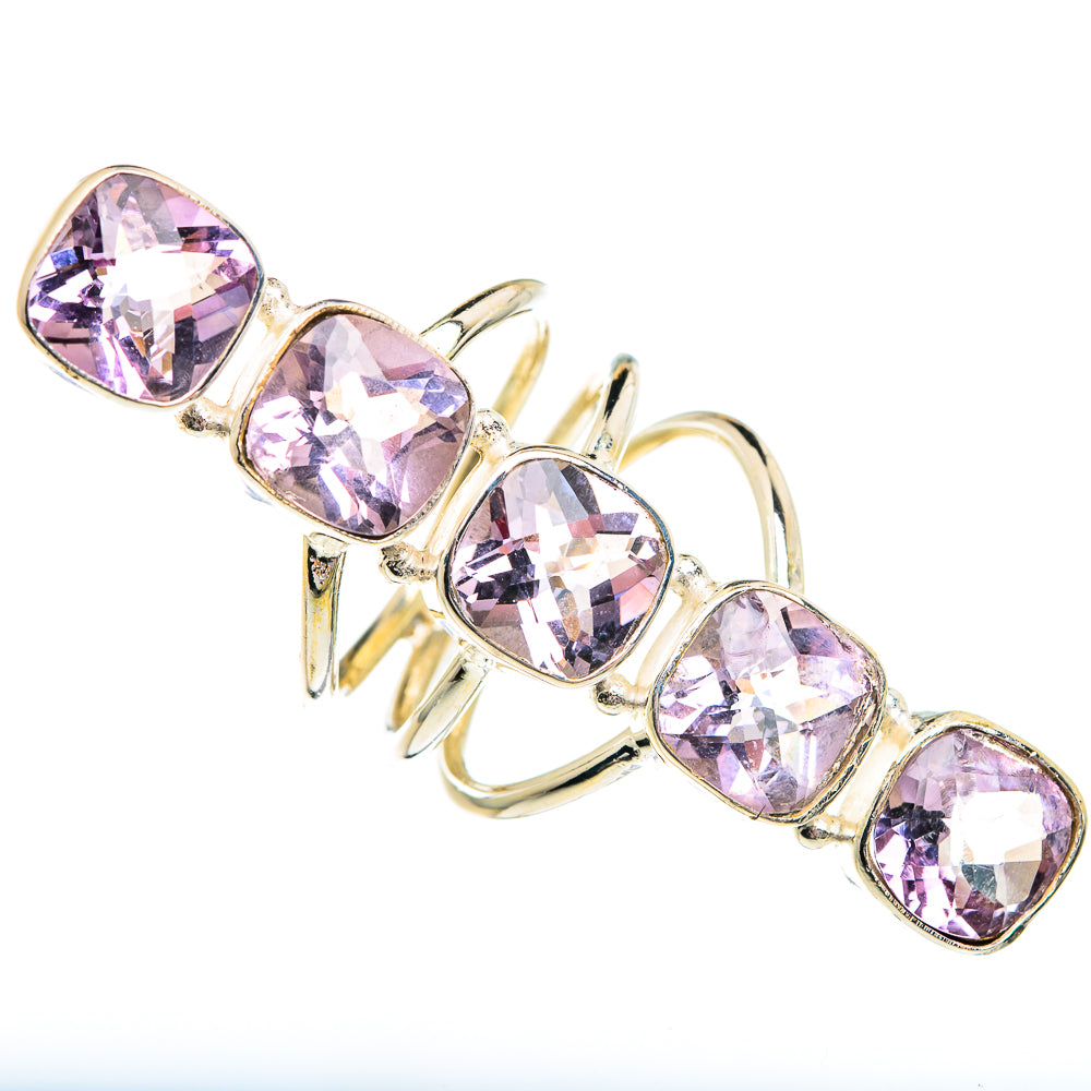 Faceted amethyst ring with five cushion-cut stones and open band, gold-tone metal