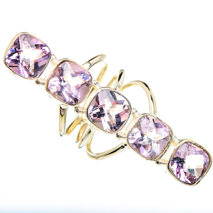 Faceted amethyst ring with five cushion-cut stones and open band, gold-tone metal