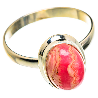 Oval rhodochrosite cabochon ring in polished 925 sterling silver, pink stone setting