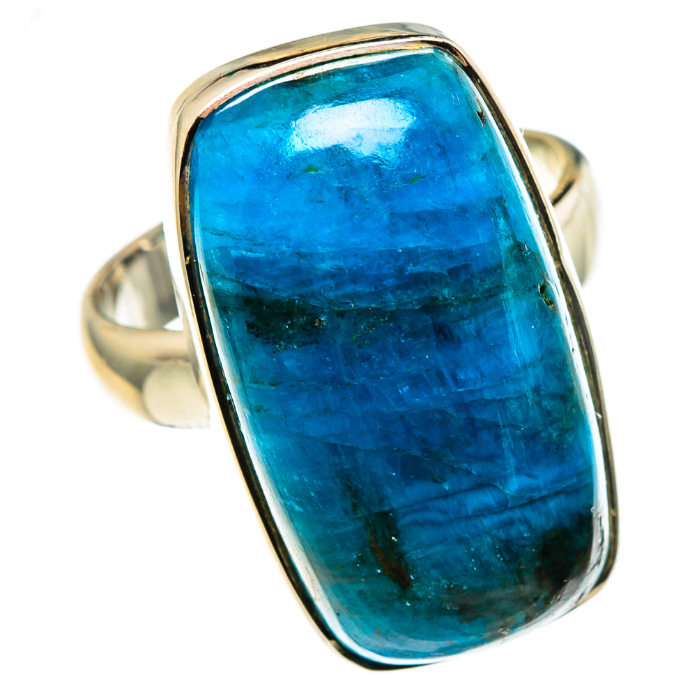 Apatite ring with tall oval blue cabochon set in silver prongs, open view