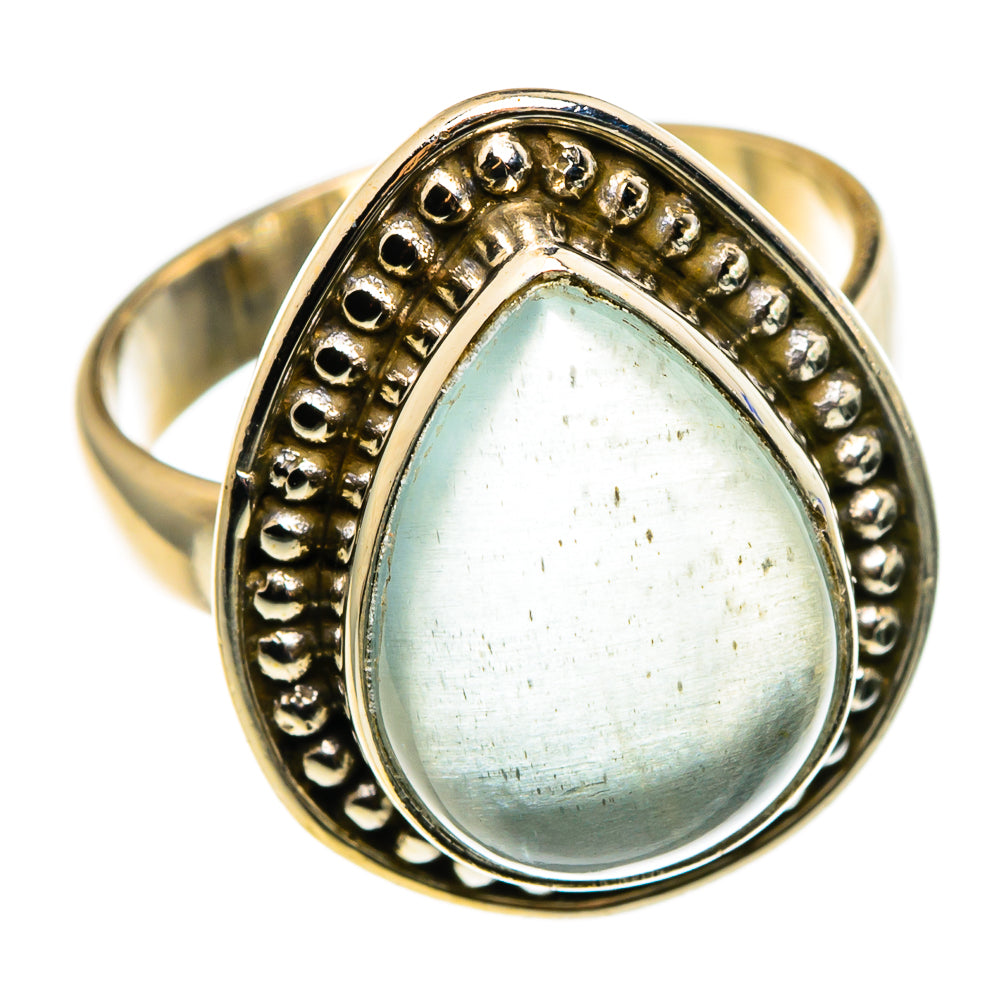 Gold-tone 925 sterling silver aquamarine teardrop ring with beaded halo