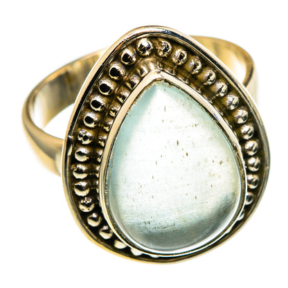 Gold-tone 925 sterling silver aquamarine teardrop ring with beaded halo