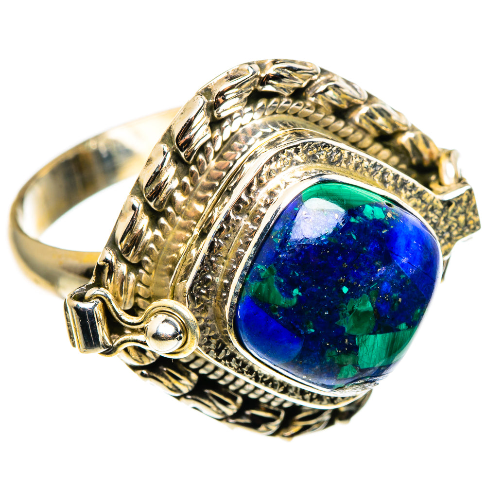 Sterling silver poison ring with large oval azurite cabochon, blue with green flecks