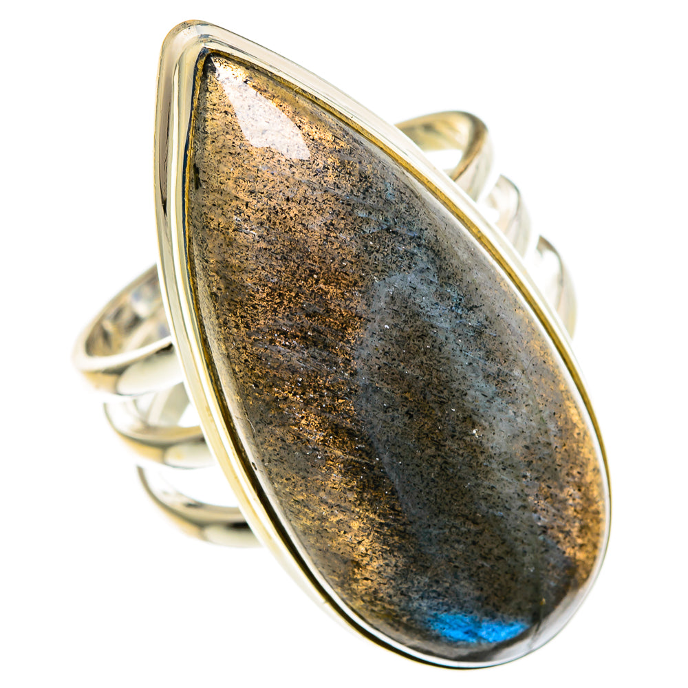 Sterling silver ring with large teardrop labradorite, dark gray and blue flash