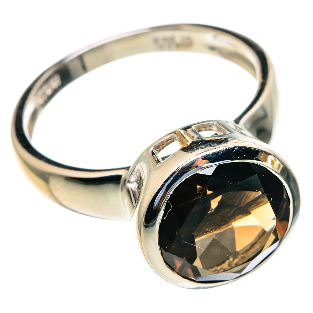 Sterling silver smoky quartz ring, oval dark gemstone set in polished bezel on band