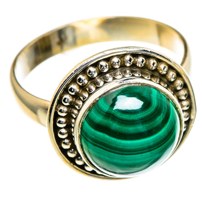 Sterling silver malachite oval ring, green cabochon center, bead border and polished band