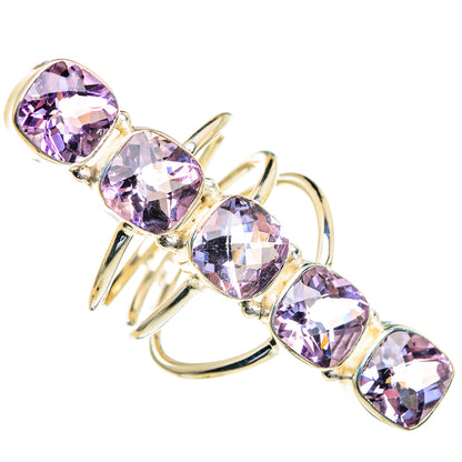 Faceted amethyst oval sterling silver ring, five stones, openwork shoulders