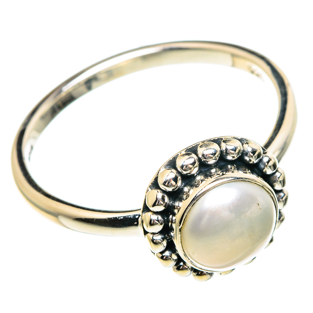 Cultured pearl ring side view, oval mother-of-pearl cabochon on beaded 925 sterling silver