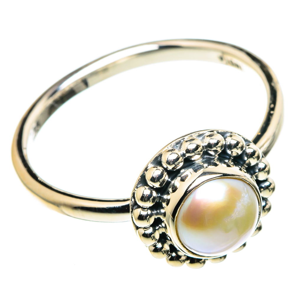 Cultured pearl ring, round pearl with raised beaded rim on 925 sterling silver band