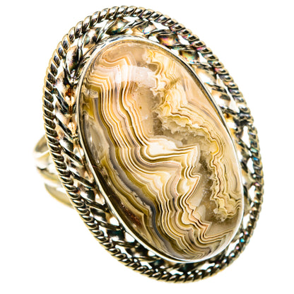 Sterling silver oval lace agate ring with cream tan banded cabochon, rope edge