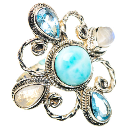 Sterling silver ornate ring with oval larimar and blue topaz stones in filigree setting