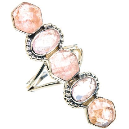 Rose quartz oval and square-cut gemstone sterling silver ring, side view
